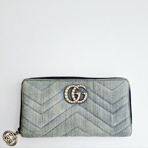 Gucci Marmont Light Blue Denim Zippy Wallet